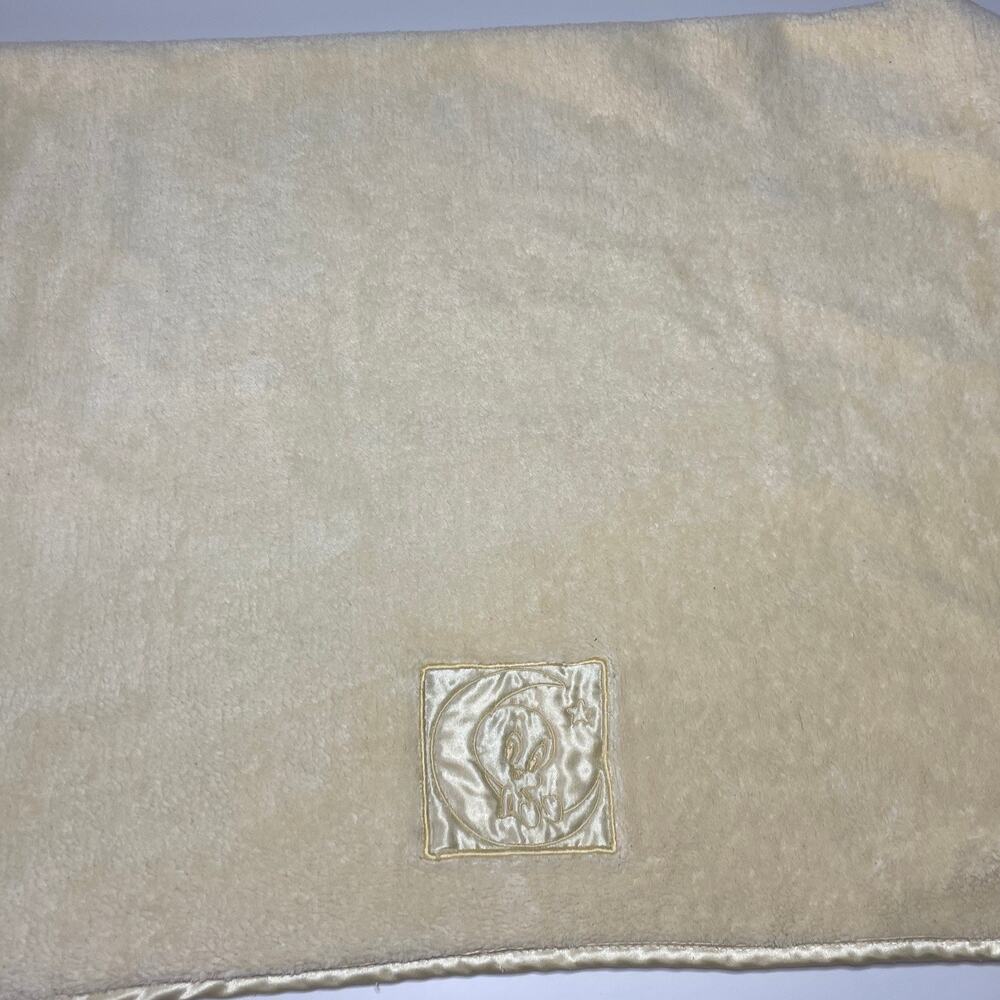 Vintage Baby Looney Tunes Tweety Bird Blanket Yellow Fleece Mink Satin Edge READ